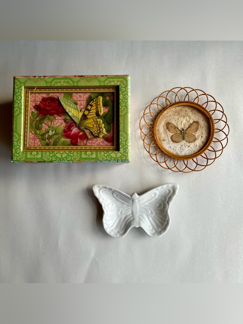 Vintage Butterfly Trinket Dish Coaster Keepsake Box Decor Bundle of 3